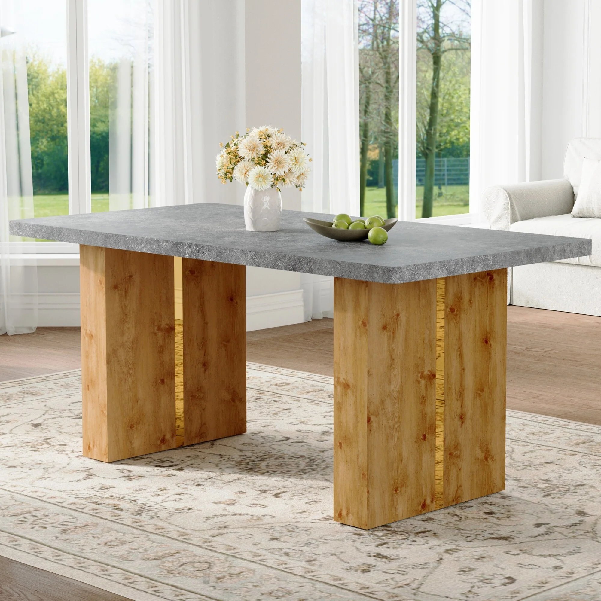 Large modern rectangular table with cement-grey patterned top and large MDF legs