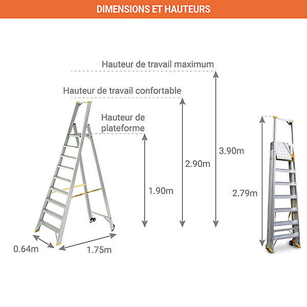 Escabeau 9 marches grande plateforme - Hauteur max. de travail 3.90m - 9309