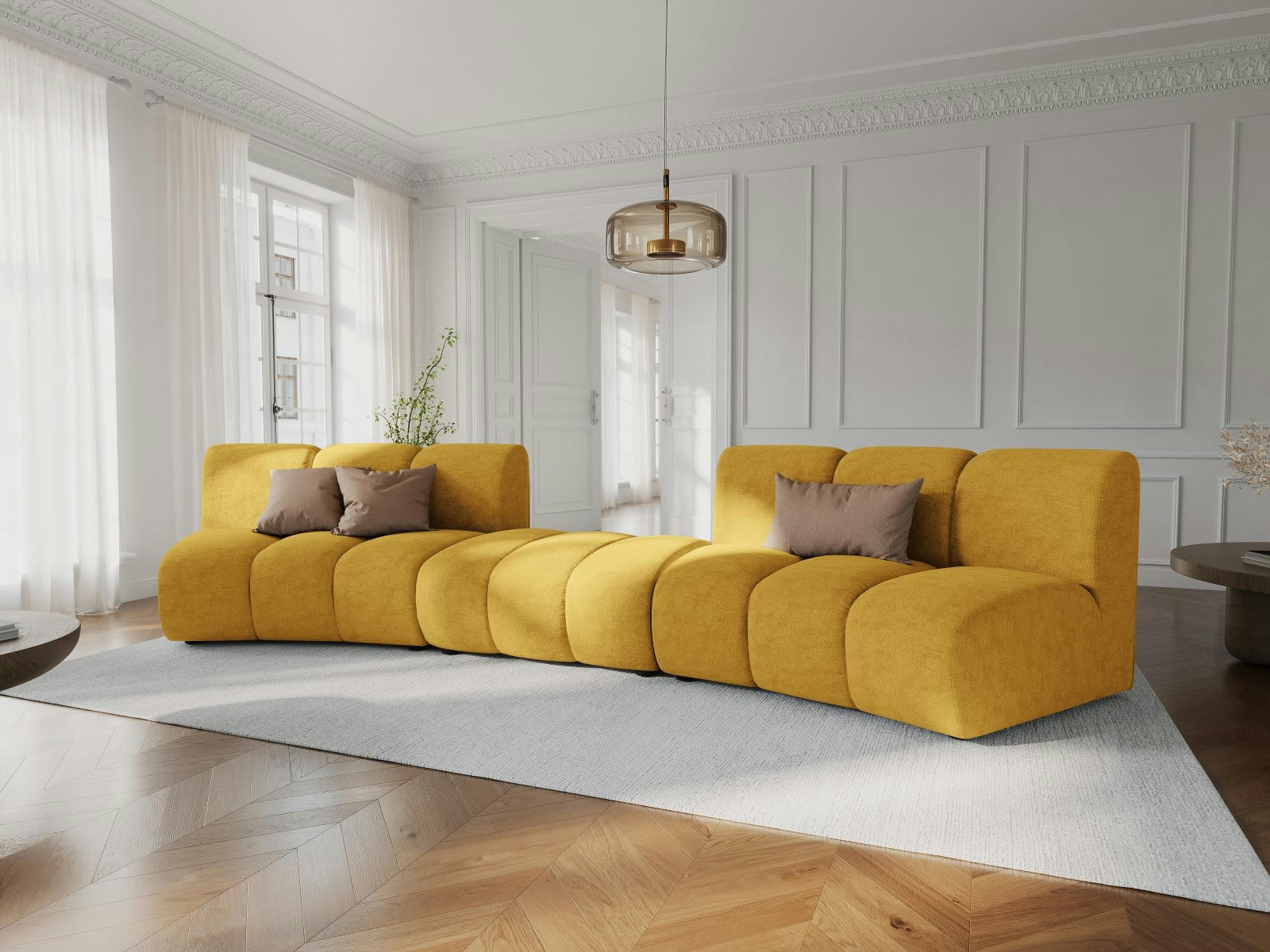 LUPINE - Canapé arrondi 5 places en tissu chenille jaune