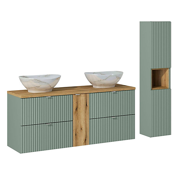 Ensemble meuble double vasque 140cm 4 tiroirs et colonne Jade Vert et Bois