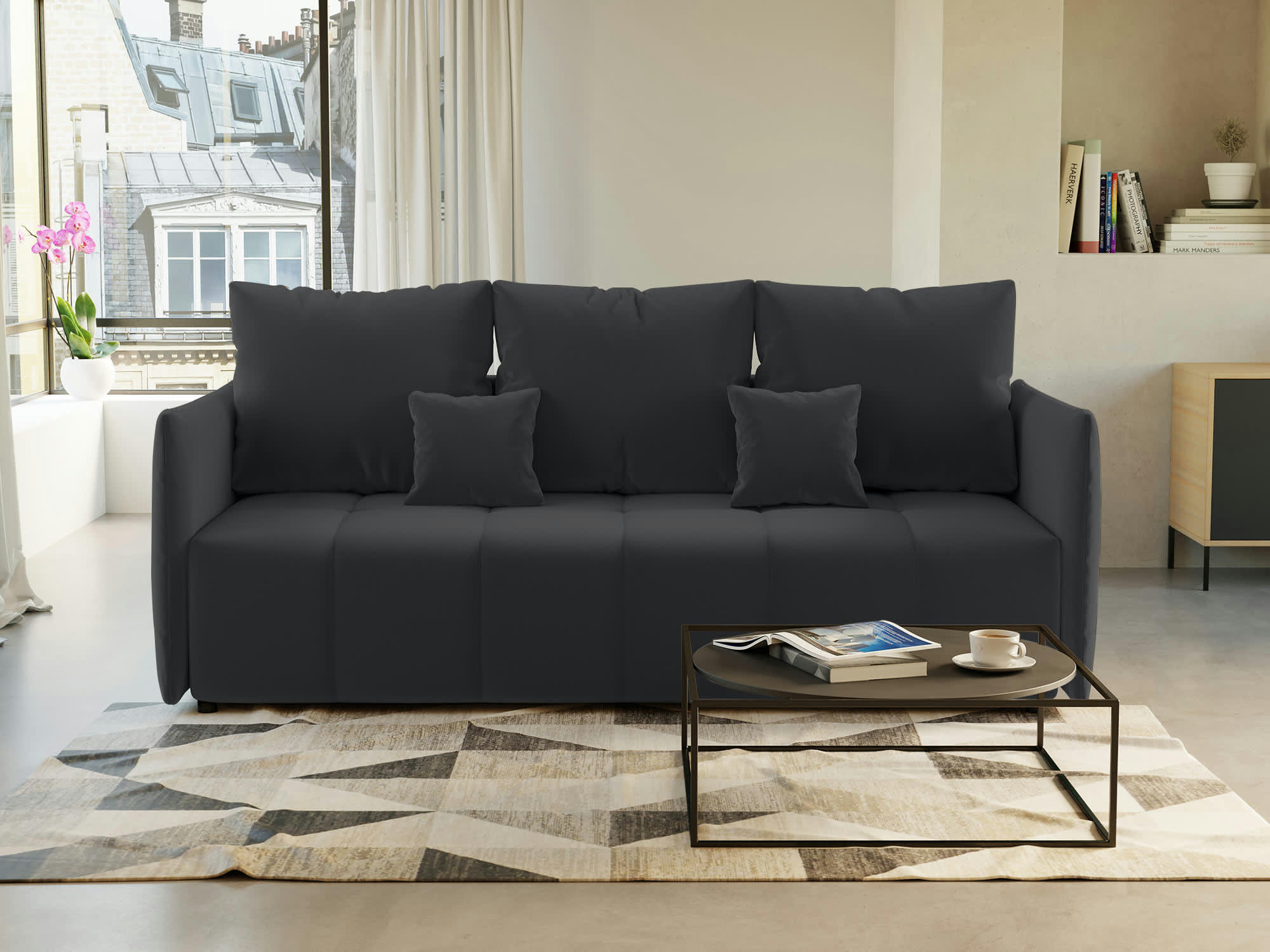 PETRA - Canapé droit convertible 3 places en velours gris foncé