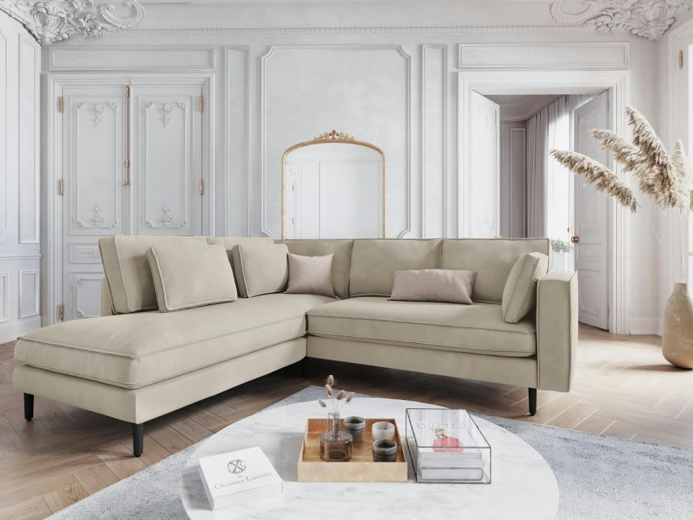 ALEXIS - Canapé d'angle 5 places en velours beige