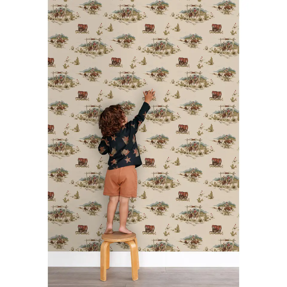 ESTAhome behang cowboys donker beige, blauw en groen - 50 x 900 cm