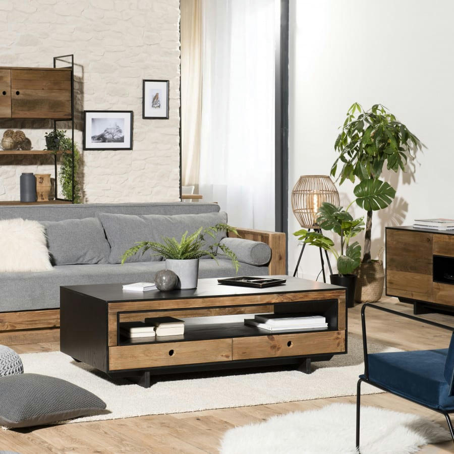ANDREA - Table basse 4 tiroirs 1 niche en pin recyclé naturel et noir L135