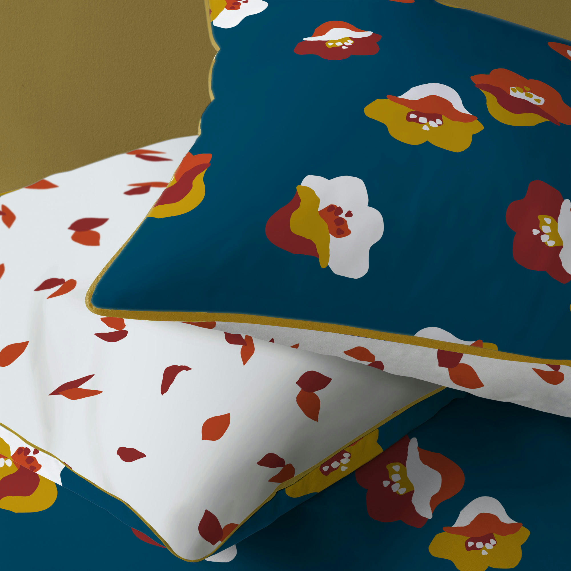 NARCISSE - Set de 2 taies d’oreiller imprimées percale BIO Bleu Paon 65x65cm