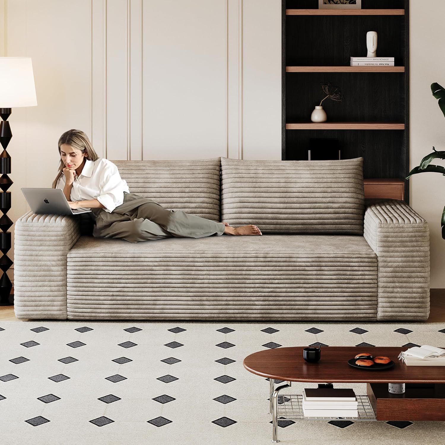 3 Seater Couch for Living Room, 71.3 INCH Fluffy Corduroy Boneless Couch Cloud Loveseat with Wide Armrest, Upholstered Floor Sofa in A Box, No Assembly Required