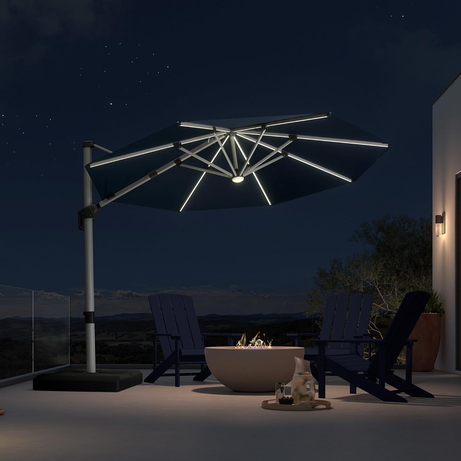 PURPLE LEAF 10ft Patio Umbrella with Lights Outdoor Round Cantilever Solar Powered LED Umbrella with 360-degree Rotation for Garden Deck Pool Patio, Navy Blue