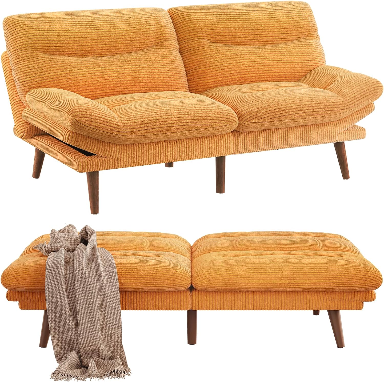 Pipishell Futon Sofa Bed, 66 Inch Corduroy Futon Couch Convertible with Adjustable Backrest and Armrests, Recliner Sleeper Sofa for Small Spaces, Living Room, Office, Guest Room (Yellow, 66 Inch) | Adjustable