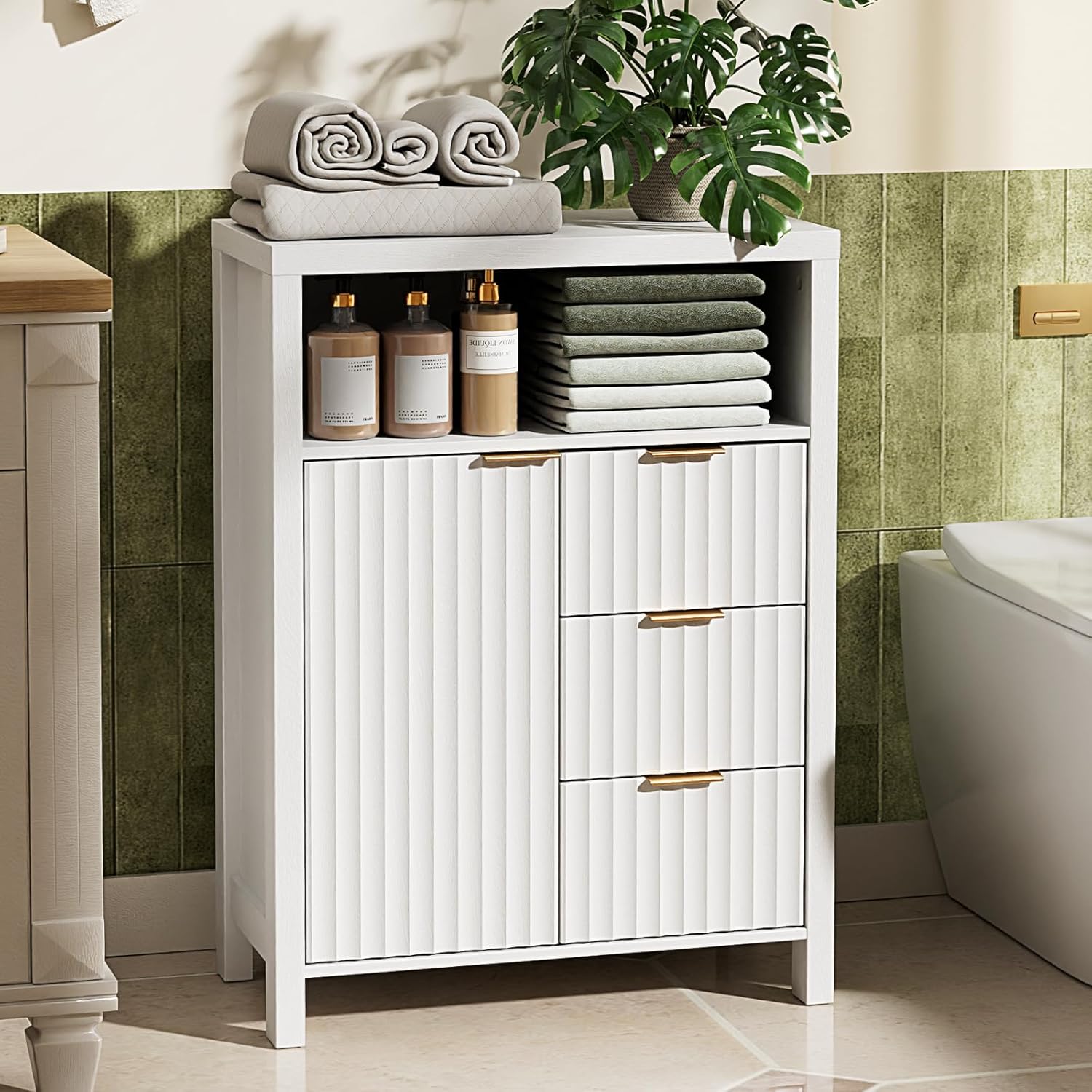VINGLI Bathroom Floor Storage Cabinet with 3 Drawers, Modern 32 Freestanding Short Storage Organizer with Fluted Door & Adjustable Shelf, 12 Inch Deep White Wooden Console for Small Space