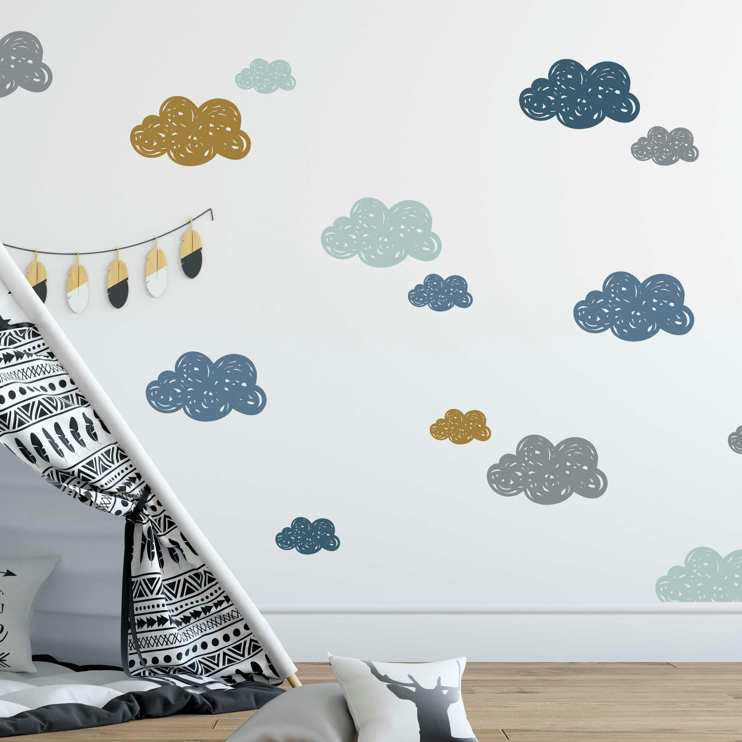 CLOUDS - Stickers muraux en vinyle petits nuages bleu et moutarde