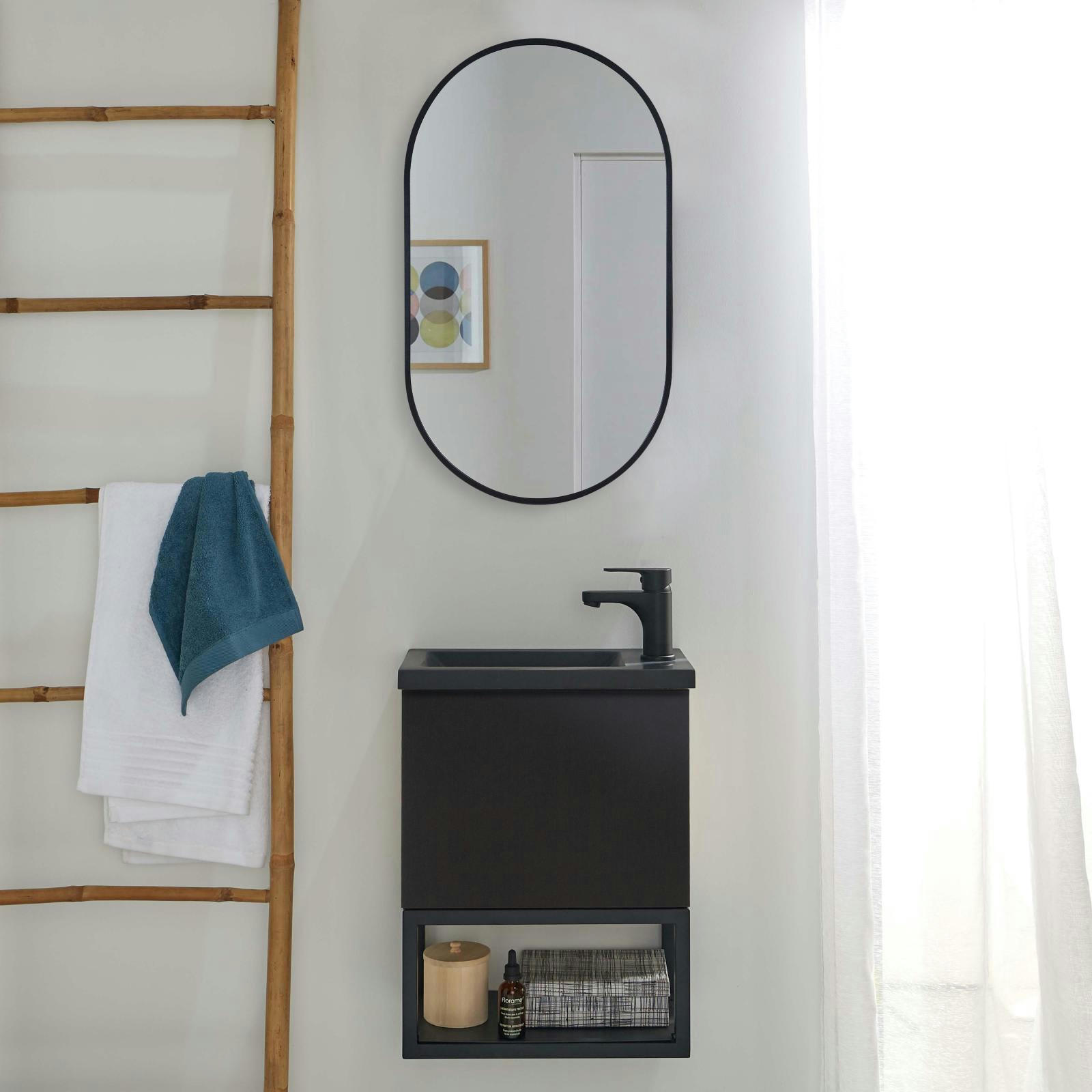 NOVA - Meuble lave-mains  noir carbone suspendu + miroir ovale