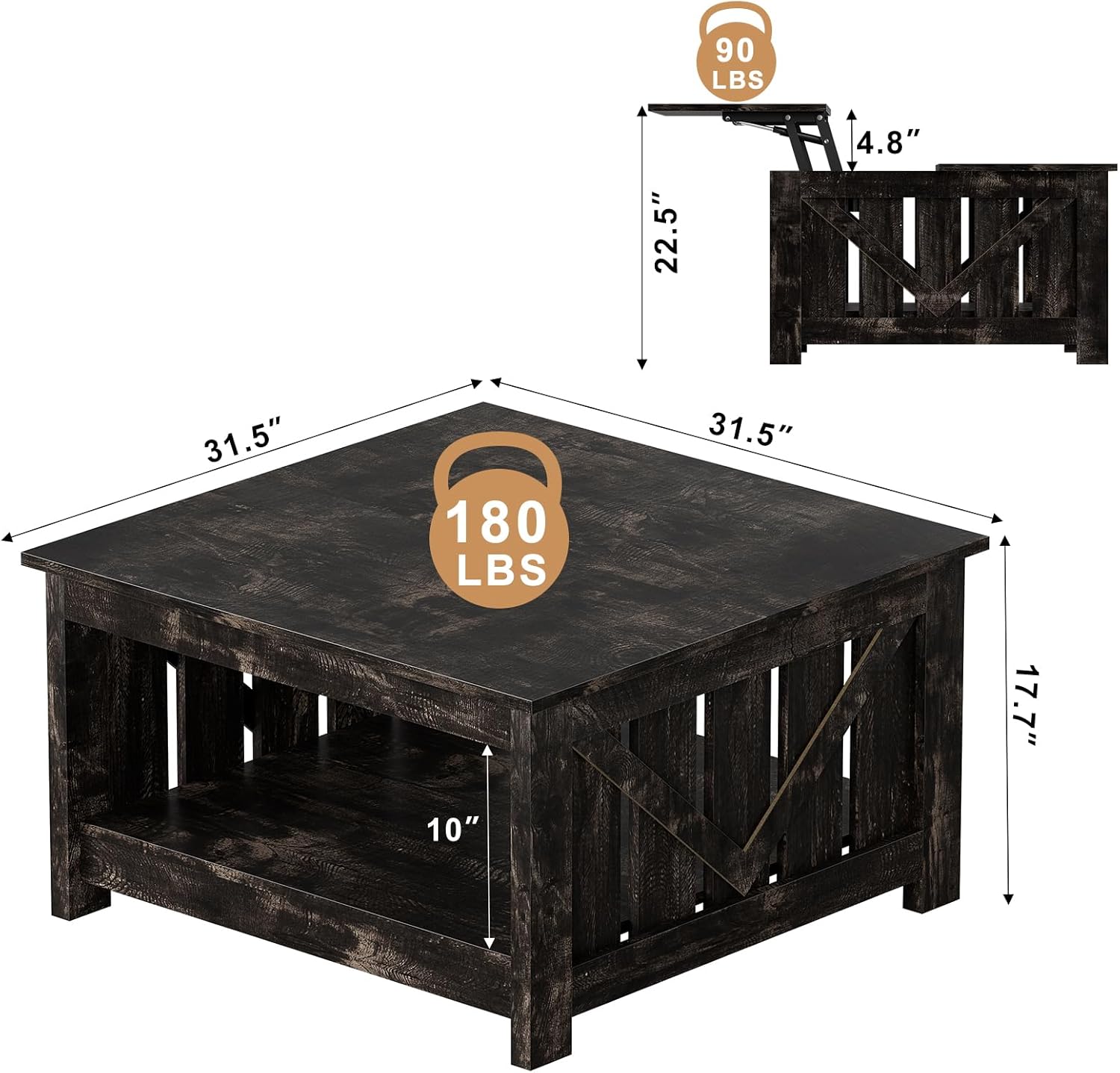 FABATO Lift Top Coffee Table, 31.5 Farmhouse Coffee Tables with Storage, Small Square Cocktail Tables, Wood Central Table for Living Room, Meeting Room, Black Oak