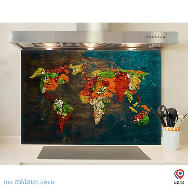 Crédence cuisine fond de hotte Epices et carte du monde 1 - Alu composite - L 60 cm x H 45 cm - MaCrédenceDéco