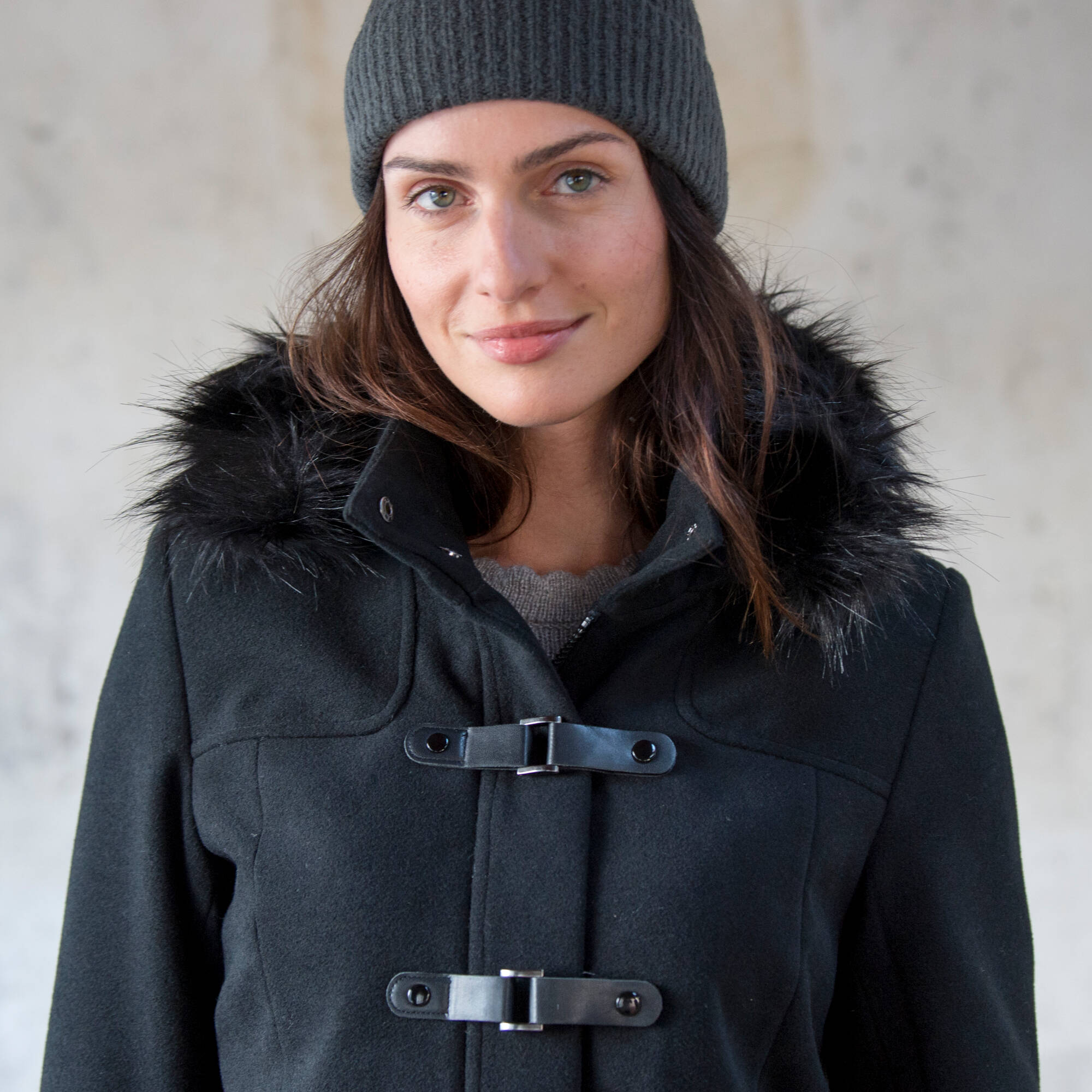 Duffle-coat capuche fausse fourrure uni