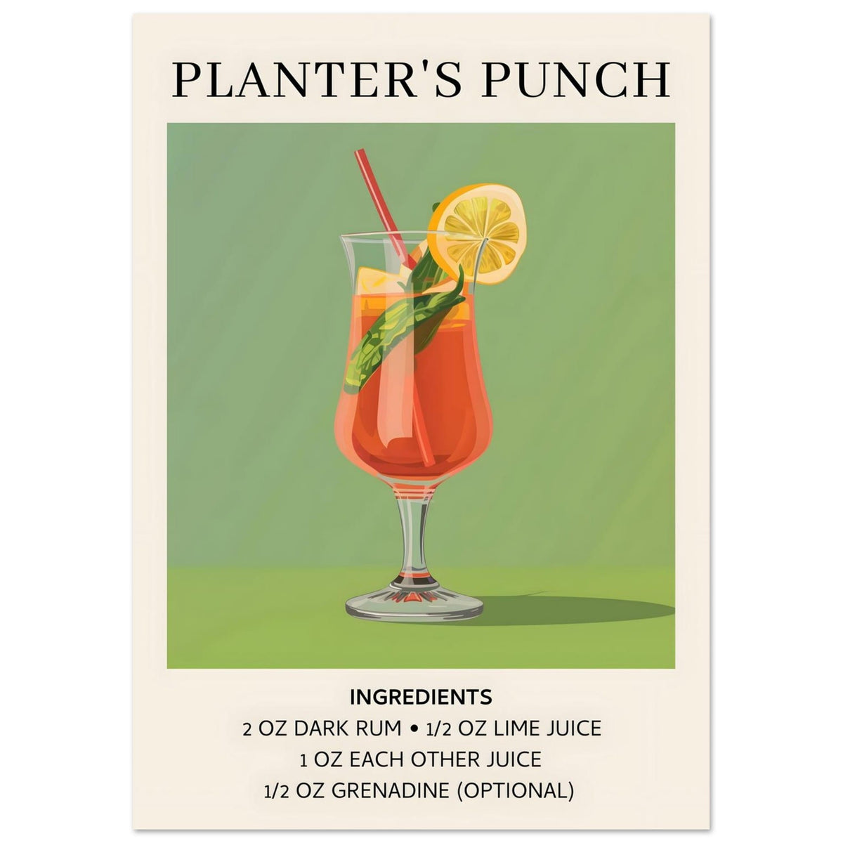Artfulprints Poster Planter's Punch cocktail - Ingrediënten  - A4 21x29.7 cm - Groen