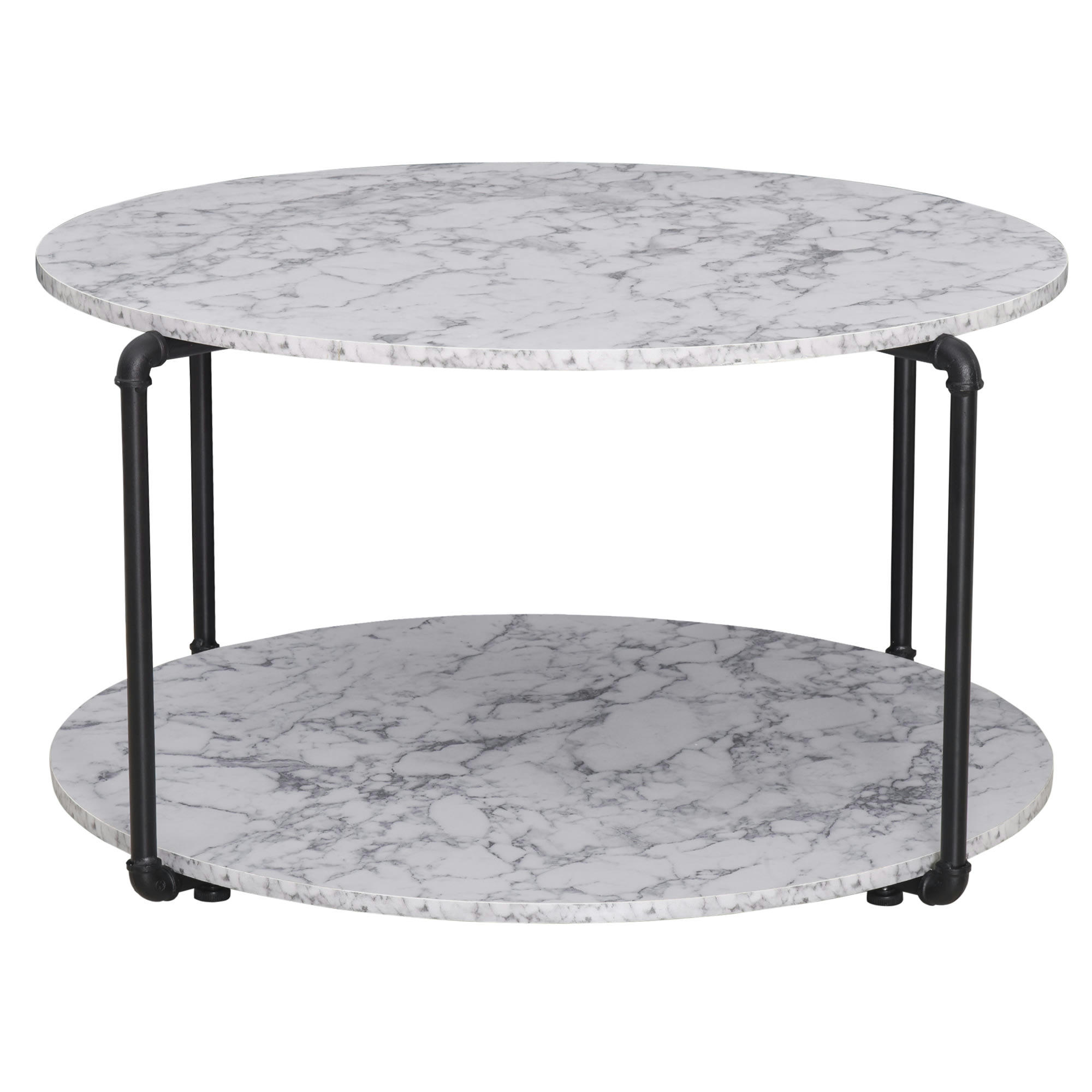 - Table basse ronde avec étagère imitation marbre blanc métal noir
