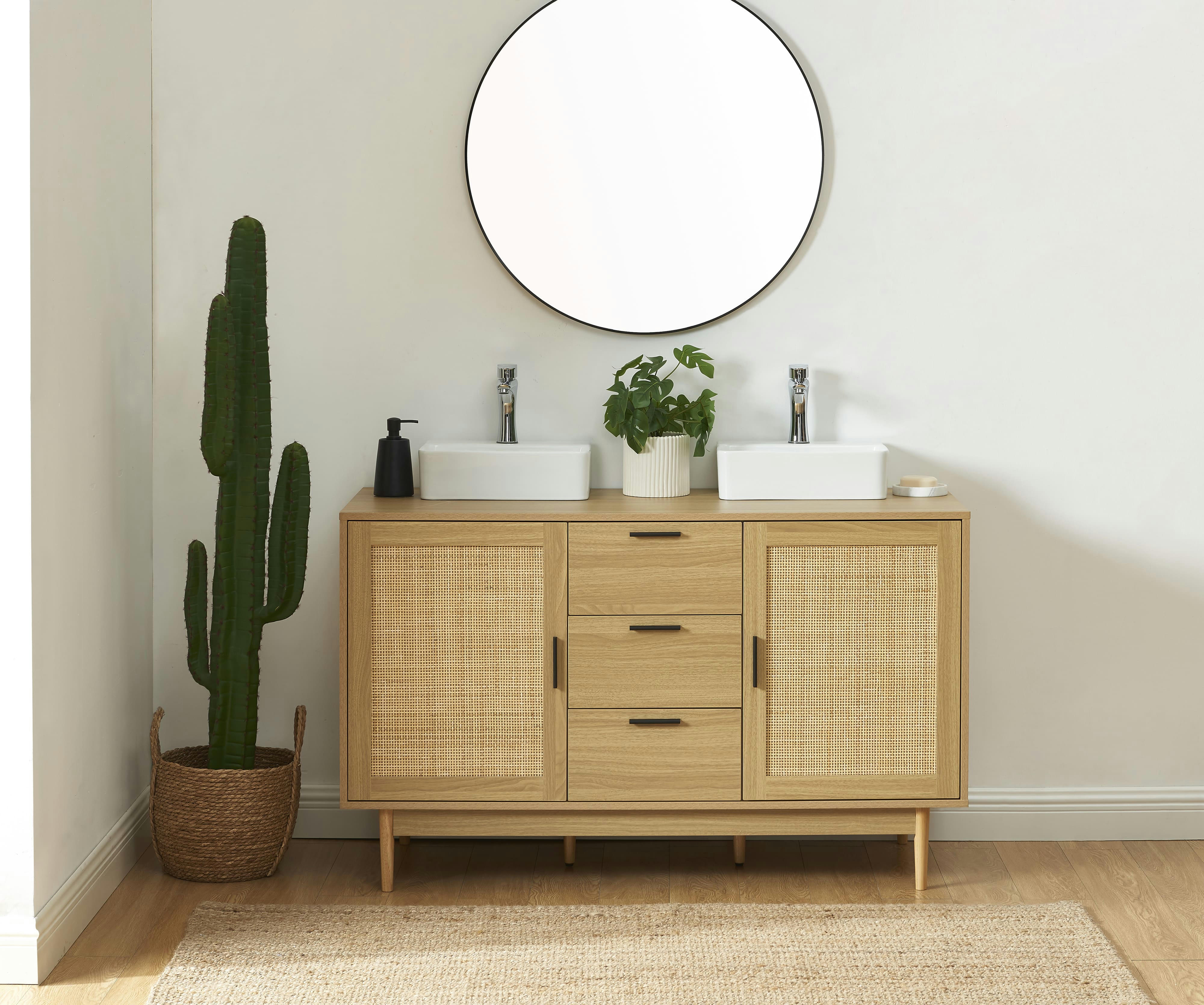 AMANA - Meuble sous lavabo  effet chêne et cannage rotin 130cm