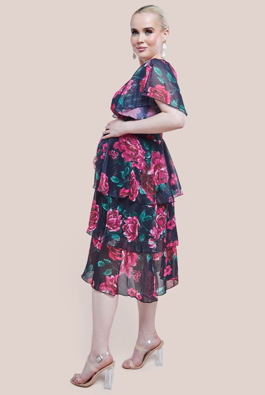 Goddiva Maternity Layered Floral Midi Dress With Flutter Sleeves