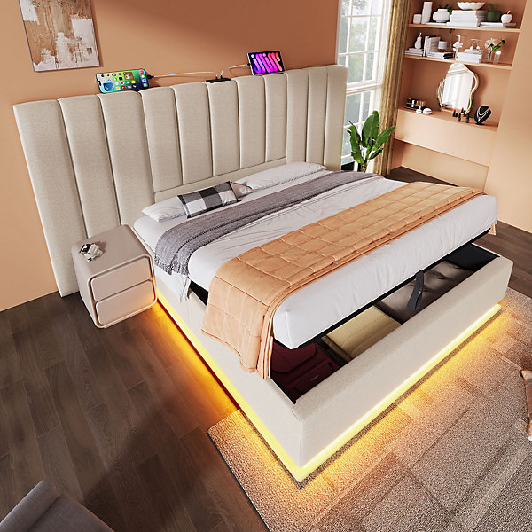 Lit Coffre 180 x 200 Cm - Lit Double Capitonné avec LED et Charge USB-C - Métal, Lin, Bois Massif - Sans Matelas - Beige