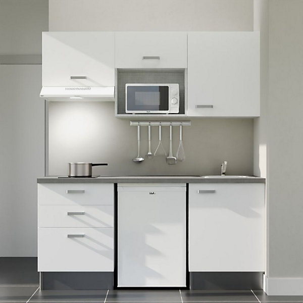 Kitchenette K20 façades Blanc - Plan de travail Gris béton - Crédences : Non - Evier inox - Electroménager Blanc inclus