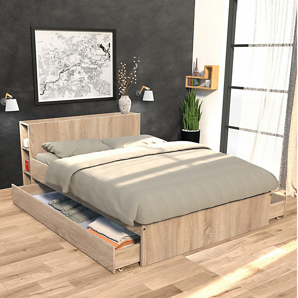 Lit 2 places 140x190cm chêne ROGO inclus sommier et tete de lit avec étageres et 2 tiroirs