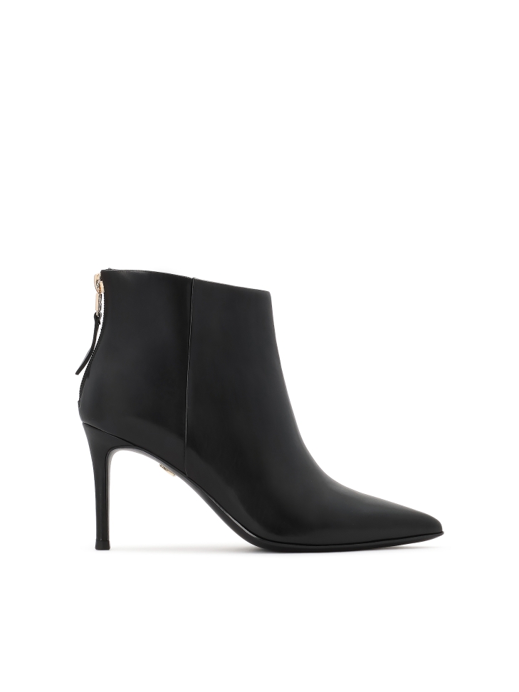 Black leather stiletto heeled boots with zipper at back