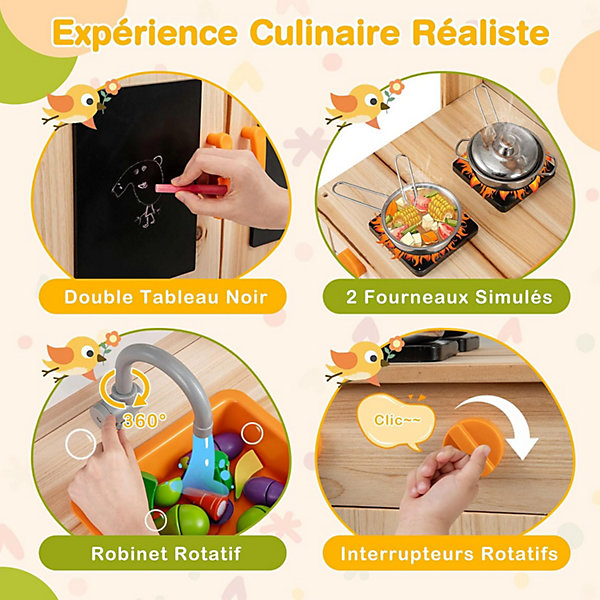Cuisine exterieur enfant, en bois de sapin, avec pots de plantation, plaques de cuisson,noirs, pour enfant 3  ans