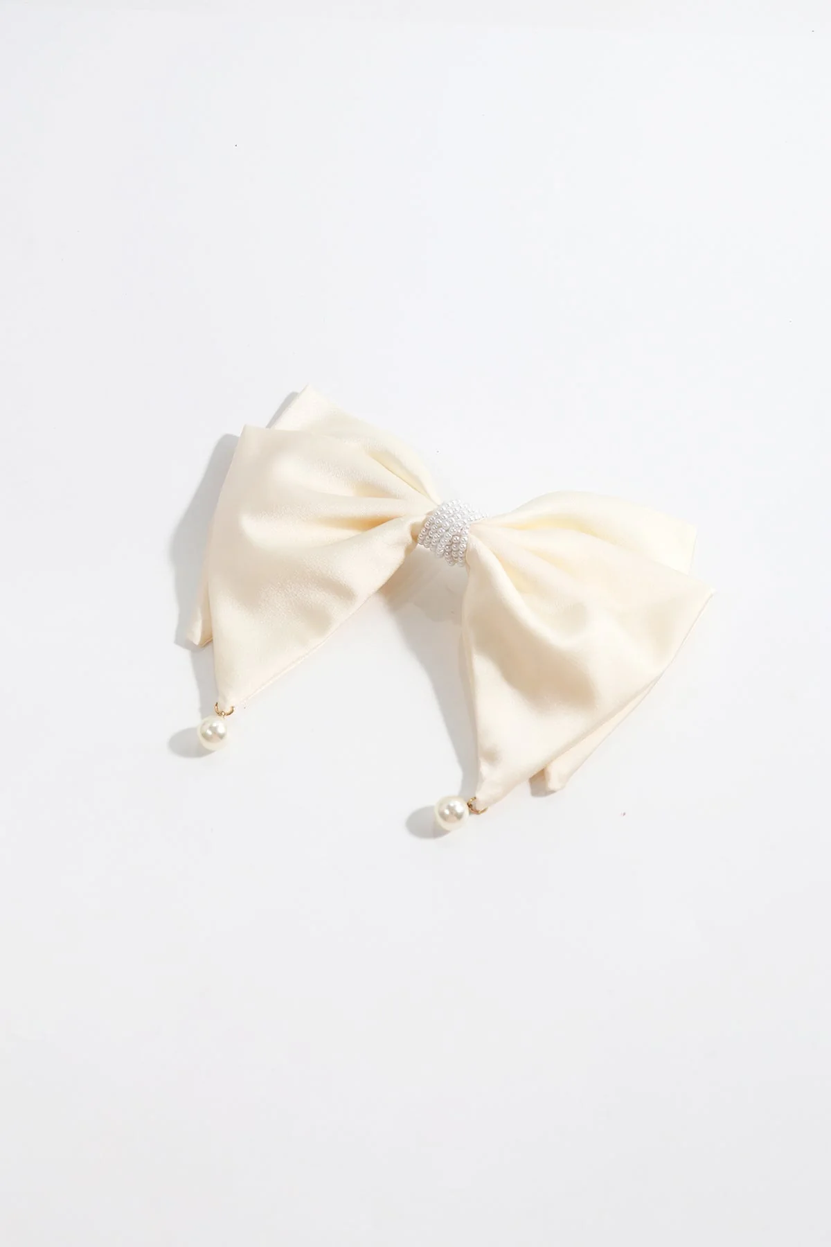 Cream Satin Pearl Bow Hair Clip