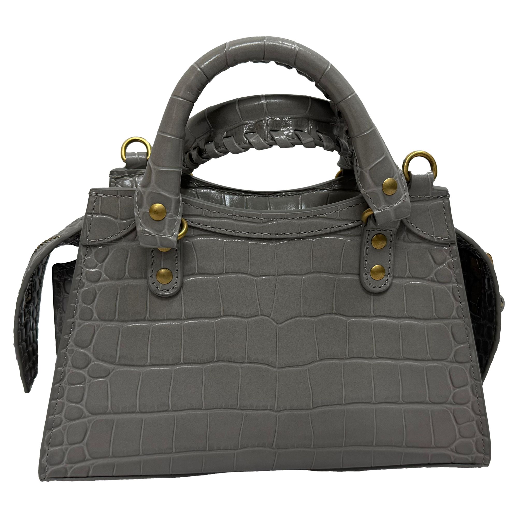 Balenciaga Preloved Mini Neo Classic City Croc-Embossed Handbag in Grey Leather