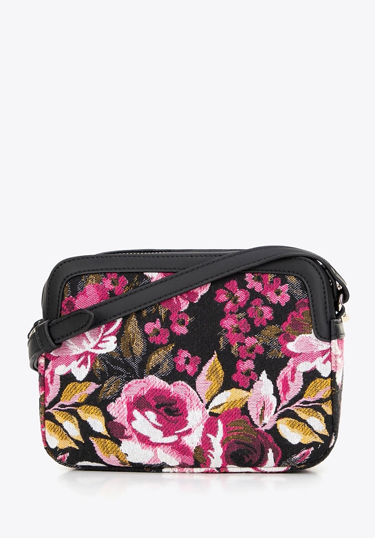 Damska crossbody z żakardu i ekoskóry czarno - różowa