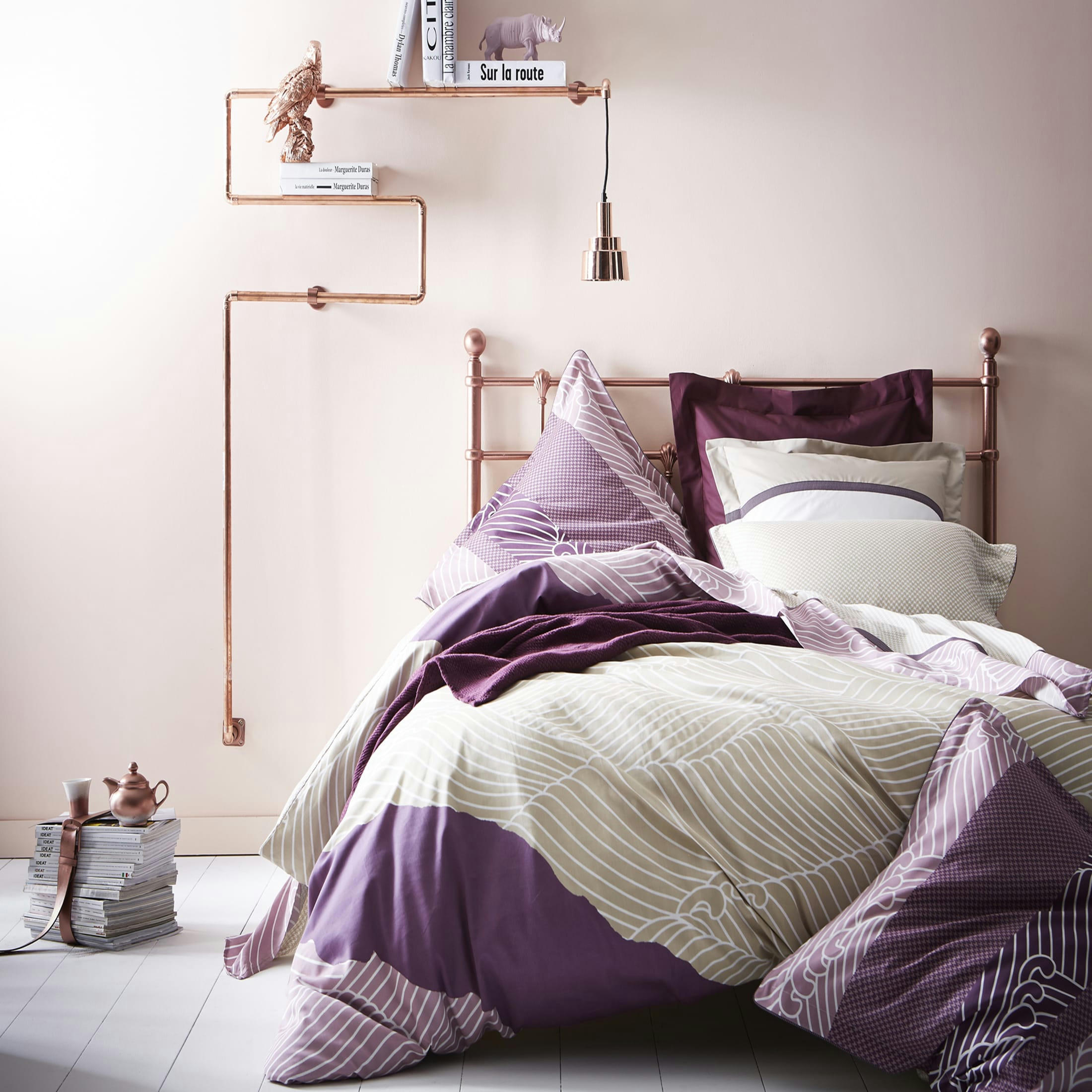 ZAHARA - Housse de couette imprimée en satin de coton Mauve 140x200