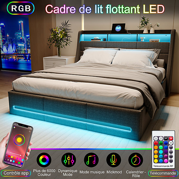 Lit Coffre 160x200 avec Sommier, Lit Coffre avec Port USB de Type C, éclairage LED, Lin, Gris