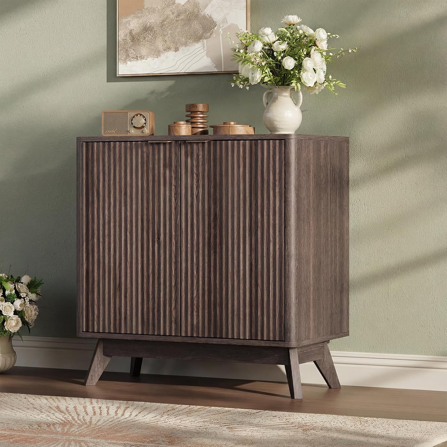 29'' Sideboard Buffet Cabinet with Storage, Fluted Cabinet with Rounded Corners, Modern Buffet Table Accent with 2 Doors for Coffee Bar, Console Table,Walnut