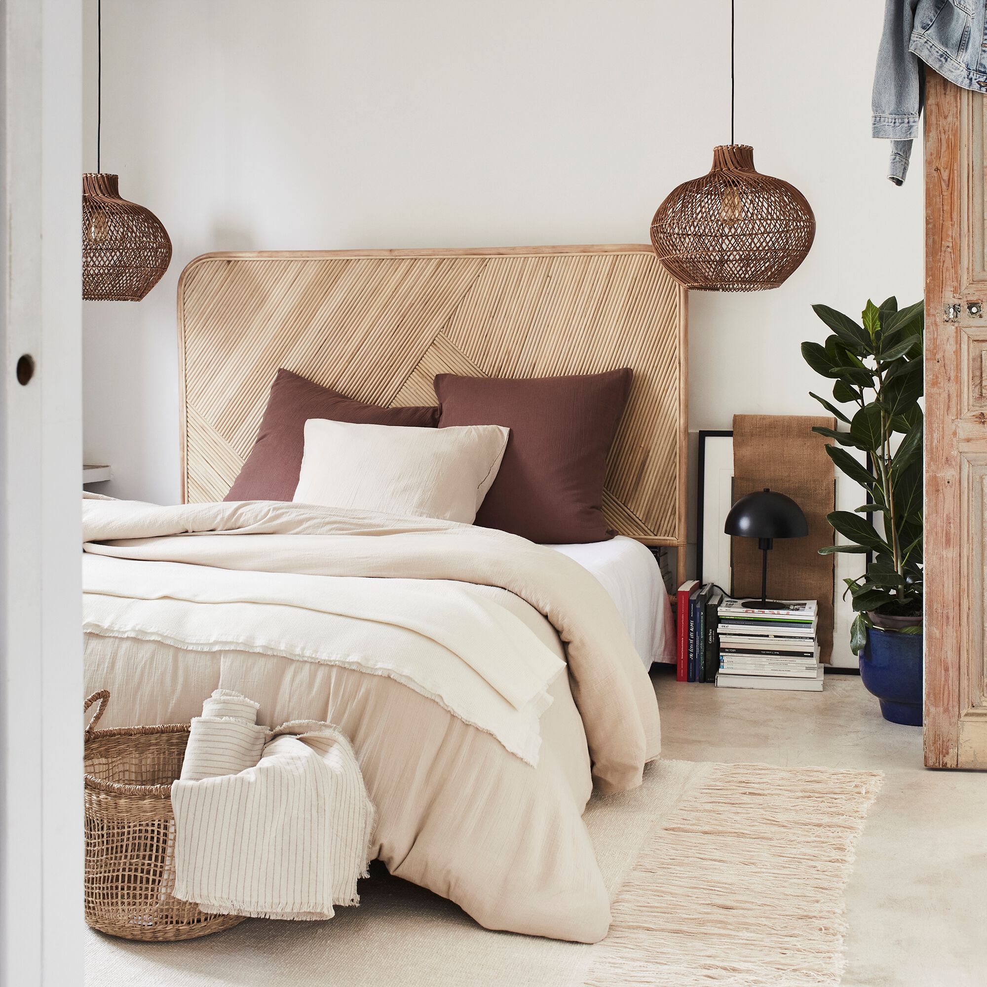 MARIETTA - Tête de lit rectangulaire en rotin 130x170 - bois clair