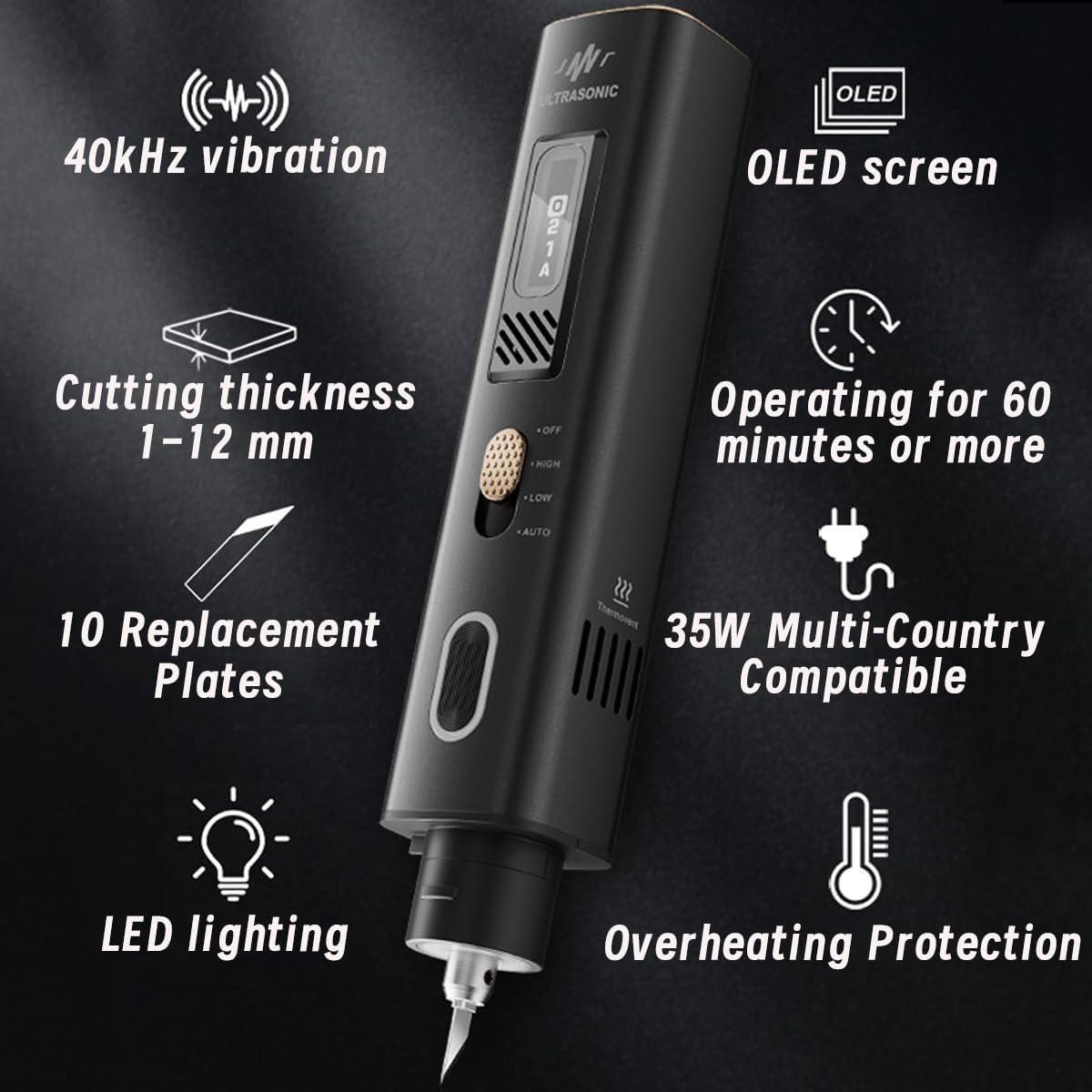 2-in-1 Ultrasonic Cutter, 35w Handheld Lightweight Ultrasonic Knife, withable 50 Blades and OLED Display, Suitable for 3D Printing Models of Plastic, Wood, Resin, Polyethylene and Leather