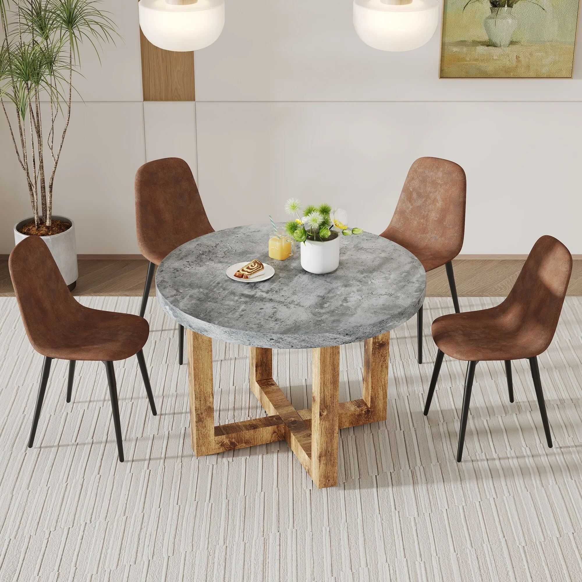 Modern Dining Table Set with Faux Cement Top, Wooden Legs, and Suede Upholstered Chairs