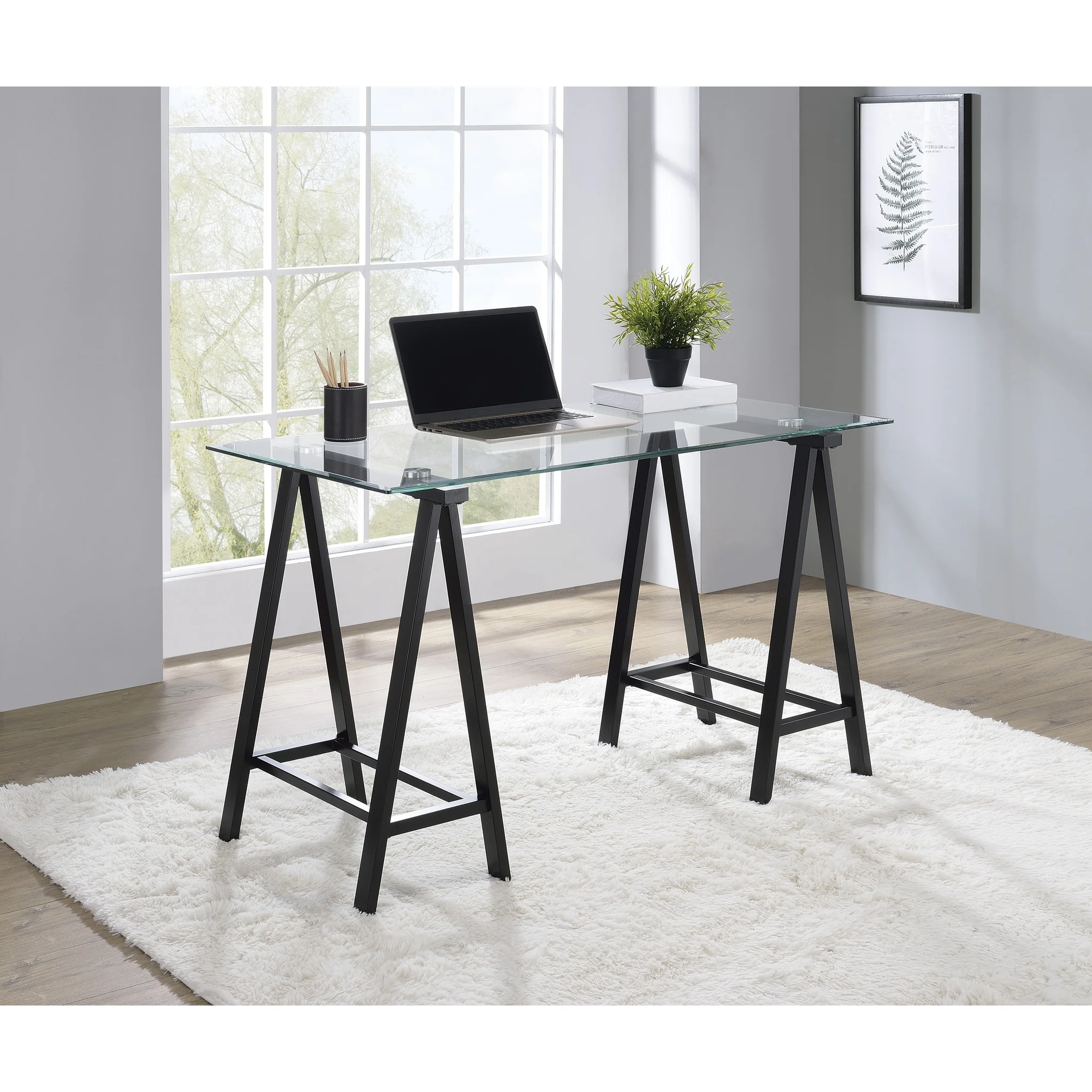 Middleton Desk with Clear Glass Top and Metal Base