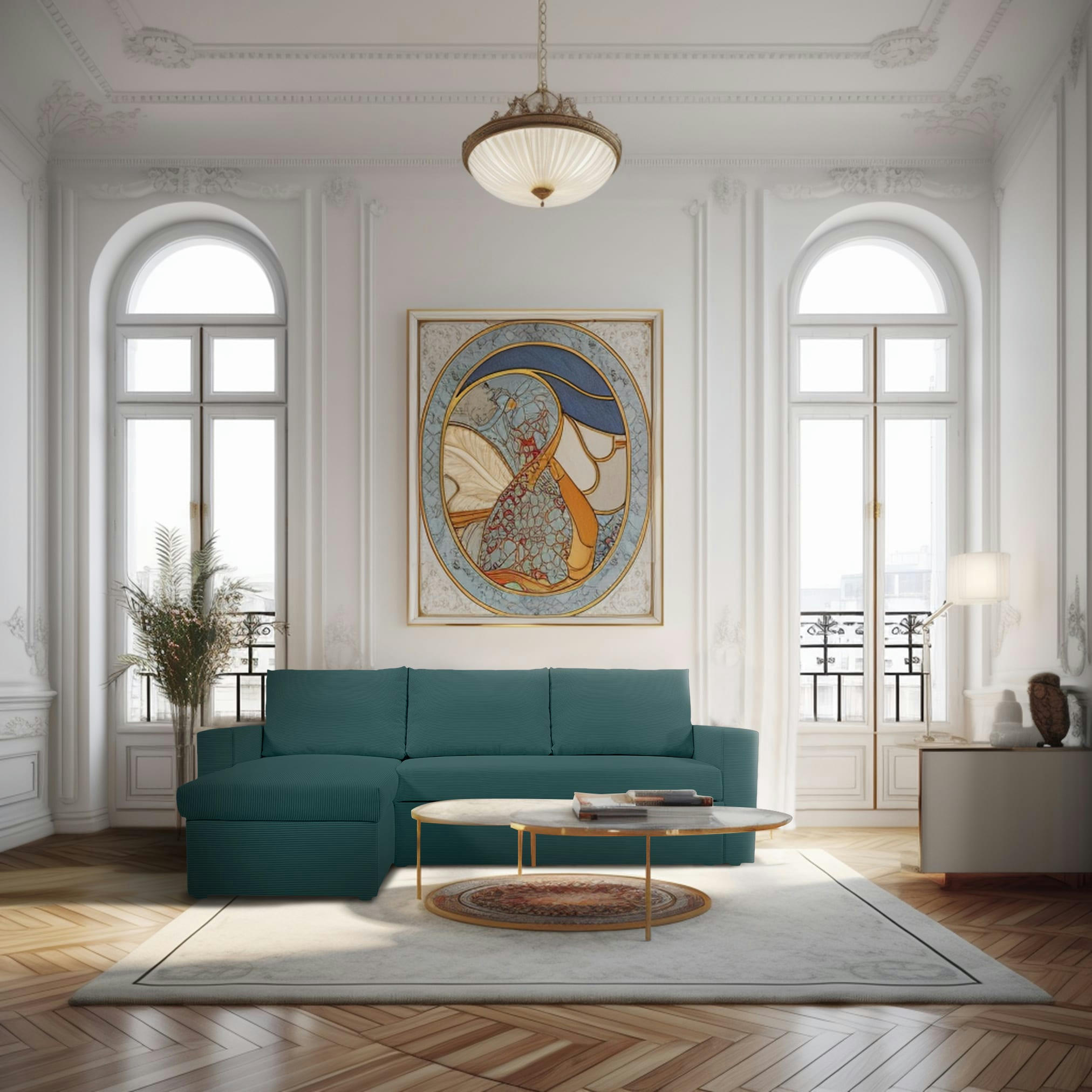 ALEDO - Canapé d'angle convertible 4 places en velours côtelé bleu canard