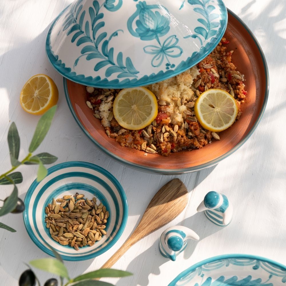 J-Line tajine Granada Stripes - keramiek - wit/aqua