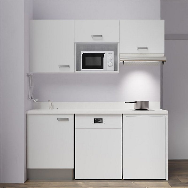 Kitchenette K55 - 180 cm - façades Blanc - Plan monobloc en quartz coloris Snova évier à gauche