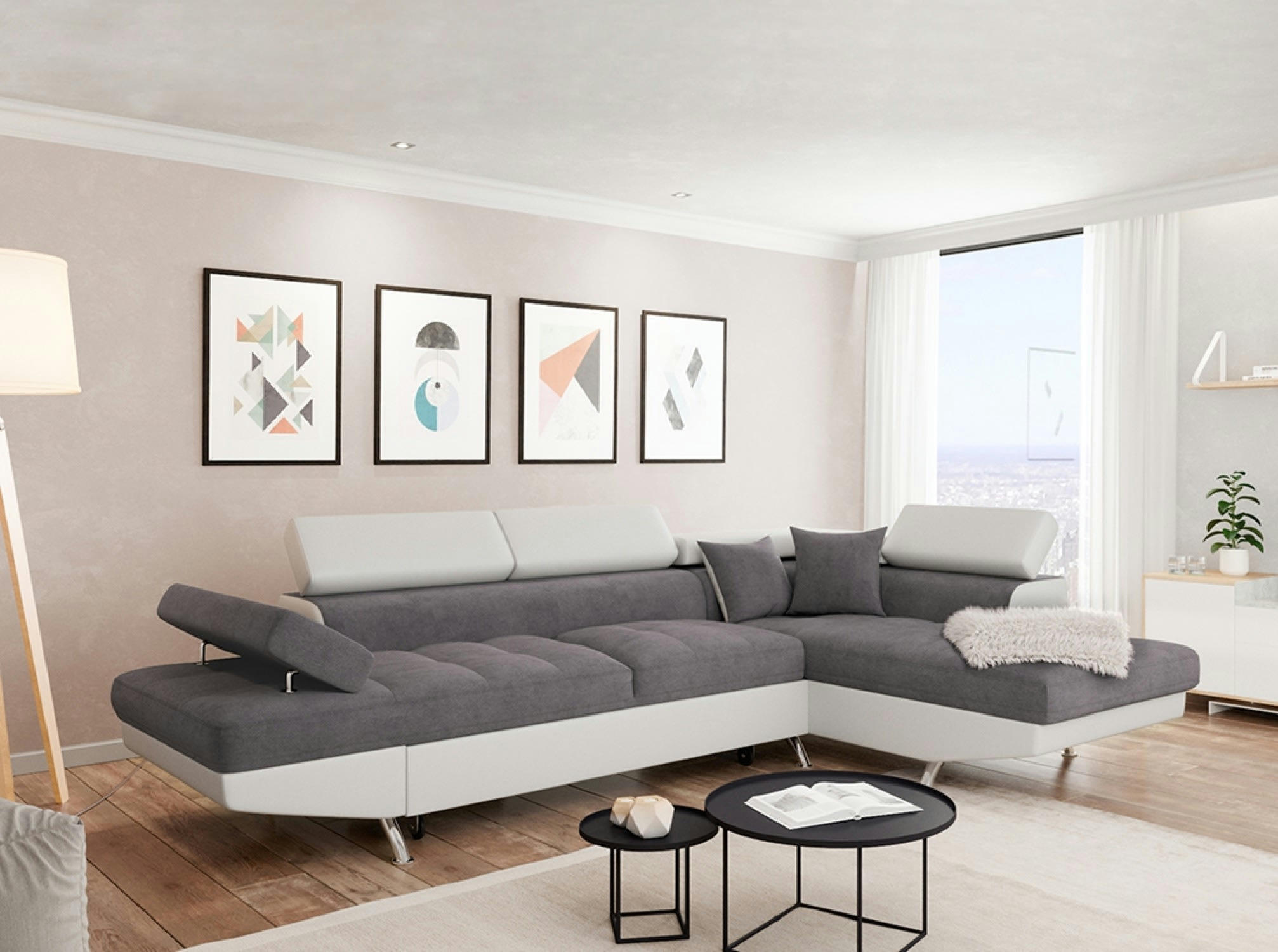 RIO - Canapé d'angle droit convertible avec coffre blanc/gris