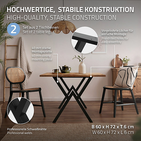 Lot de 2 pieds de table ML-Design forme de X 60x72 cm noir acier revêtu poudre design industriel