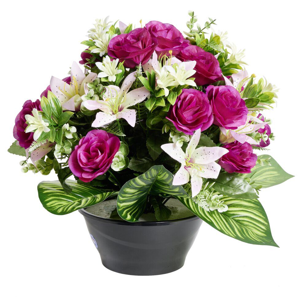 Composition florale artificielle roses lys eucalyptus vasque Ø38xH35cm