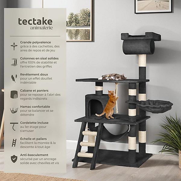 Arbre à chat panneau de fibres griffoir sisal 141 cm et sécurité noir