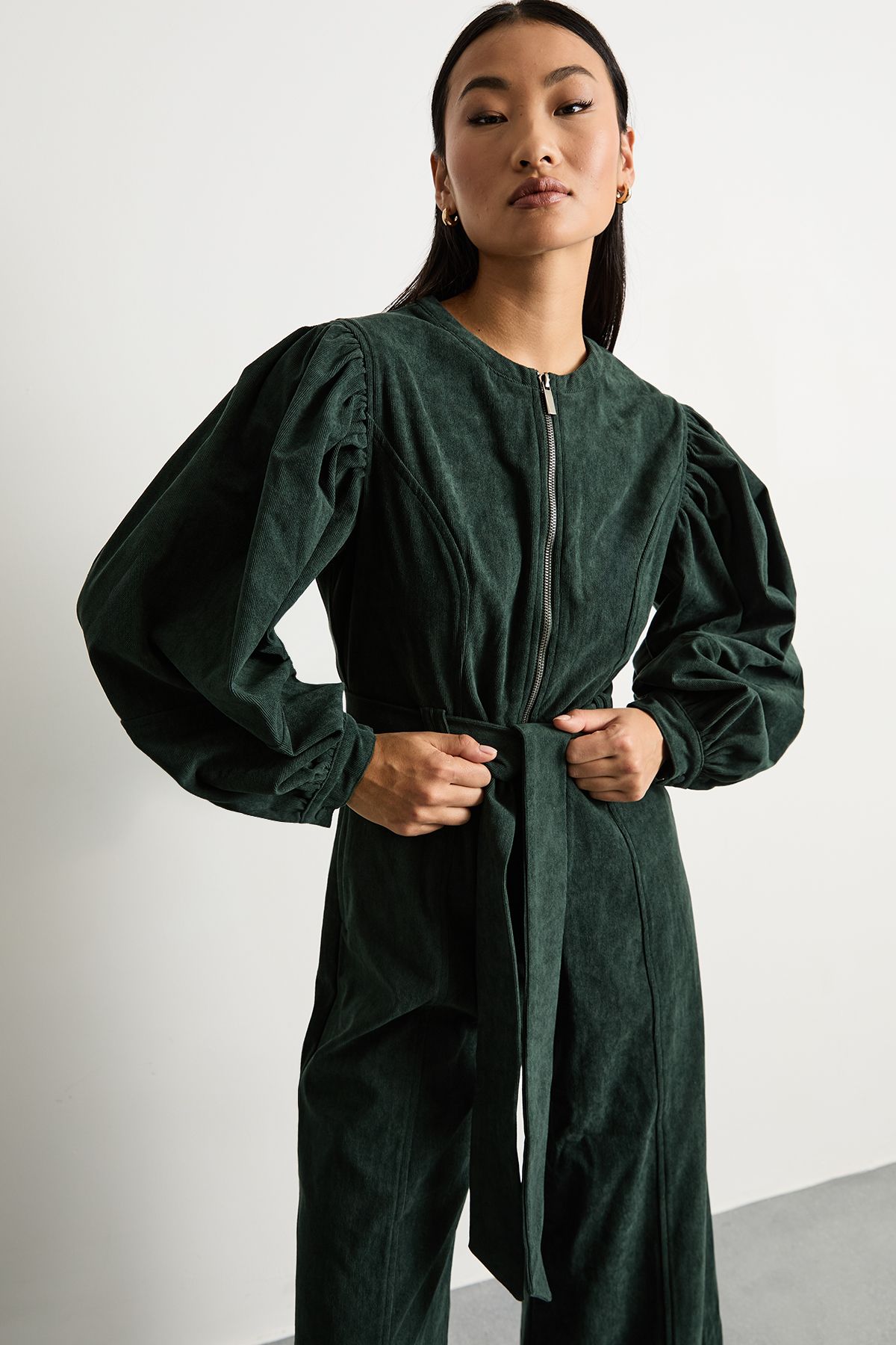 Warehouse Petite Cord Zip Through Belted Jumpsuit