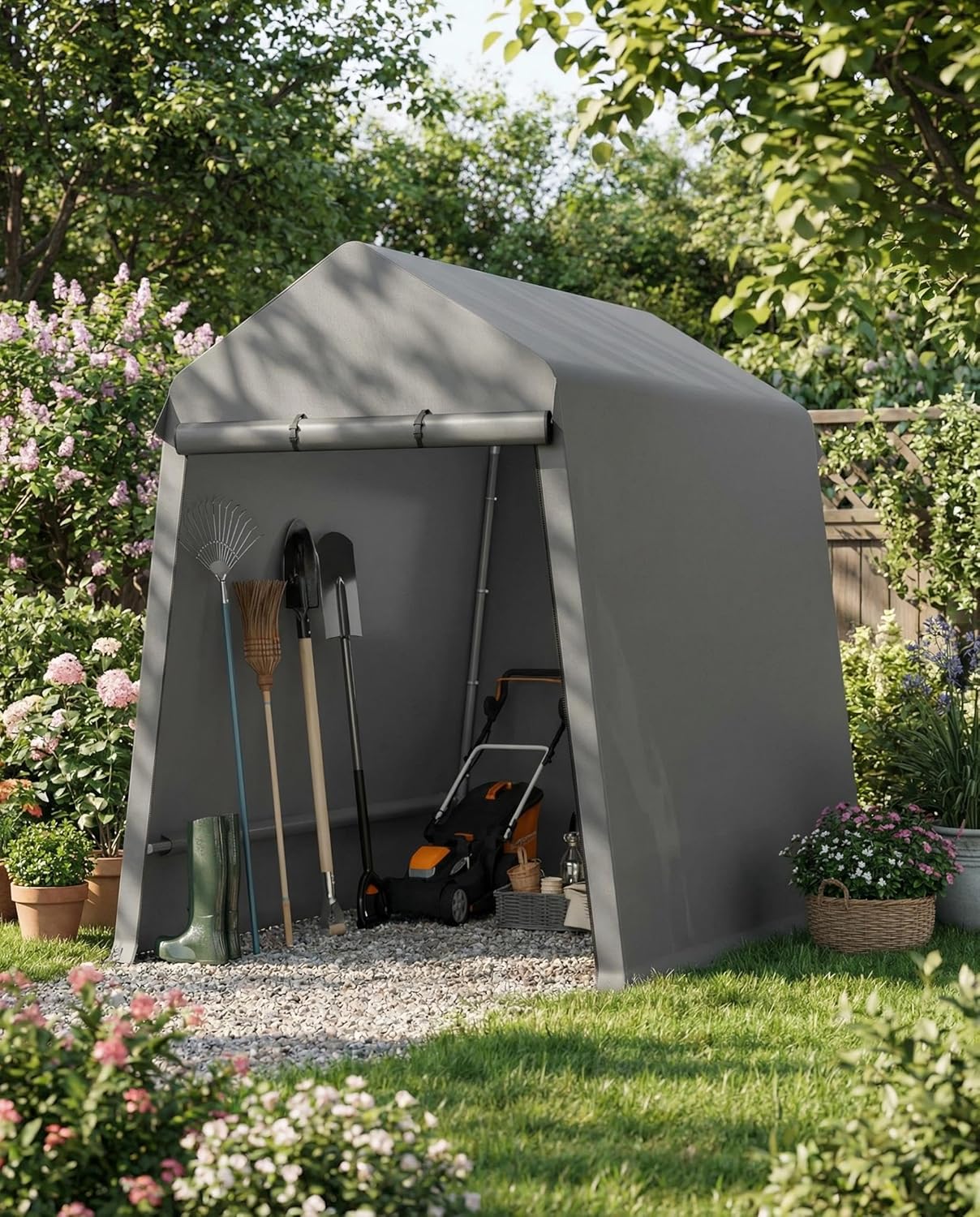 Garvee 6X8 Ft Outdoor Storage Shed, 2 Rolled Up Zipper Doors Portable Storage Shed, Waterproof Cover Vents Carports Temporary Shelter for Bike, Motorcycle, Gardening Tools, Generator, Grey