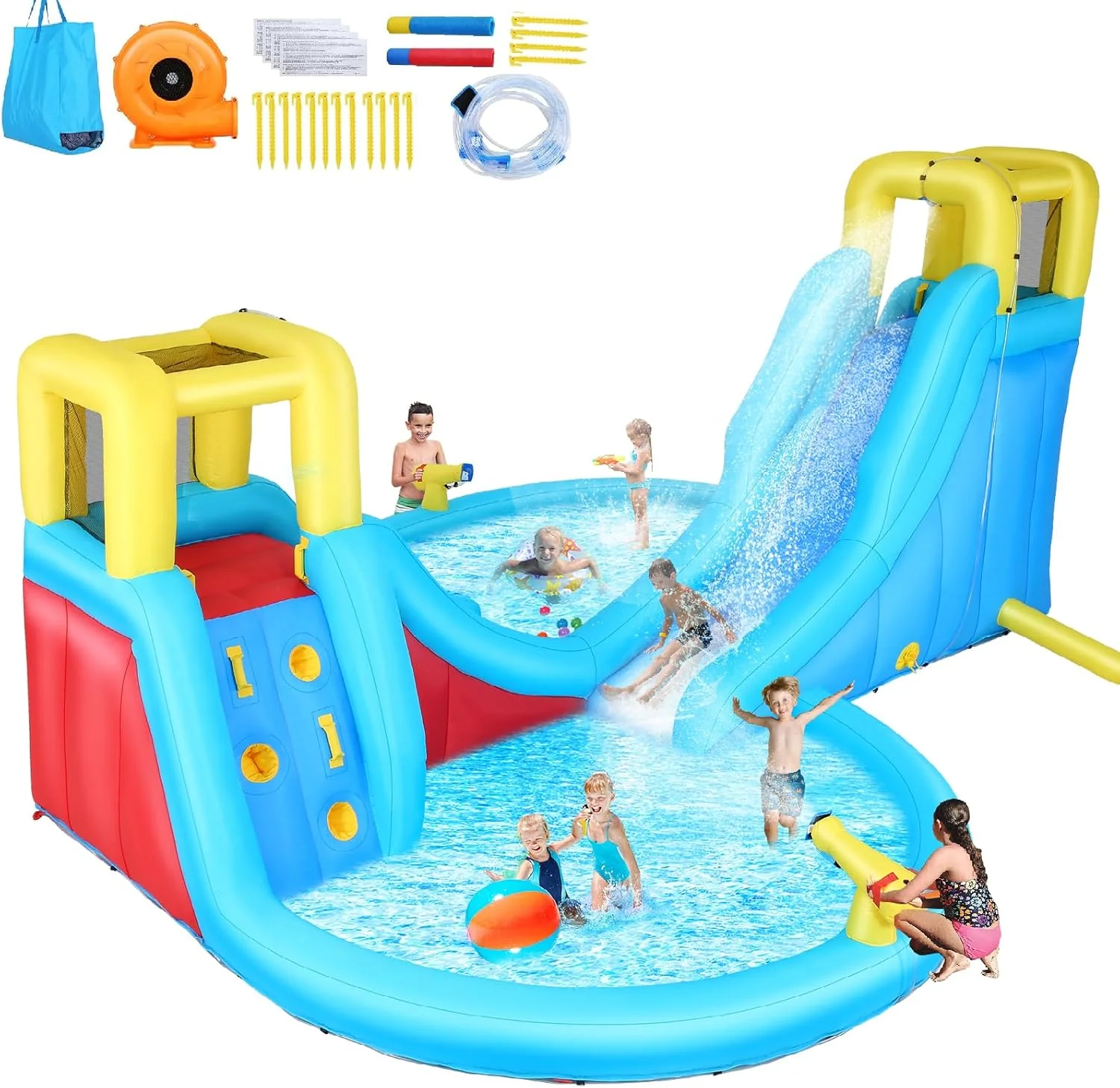 Inflatable Water Slide, 6 in 1 Outdoor Inflatable Water Park with Climbing, Basketball Rim, Splash Pool, Water Cannon, Blow up Water Slides for Kids Backyard(Bounce House C)