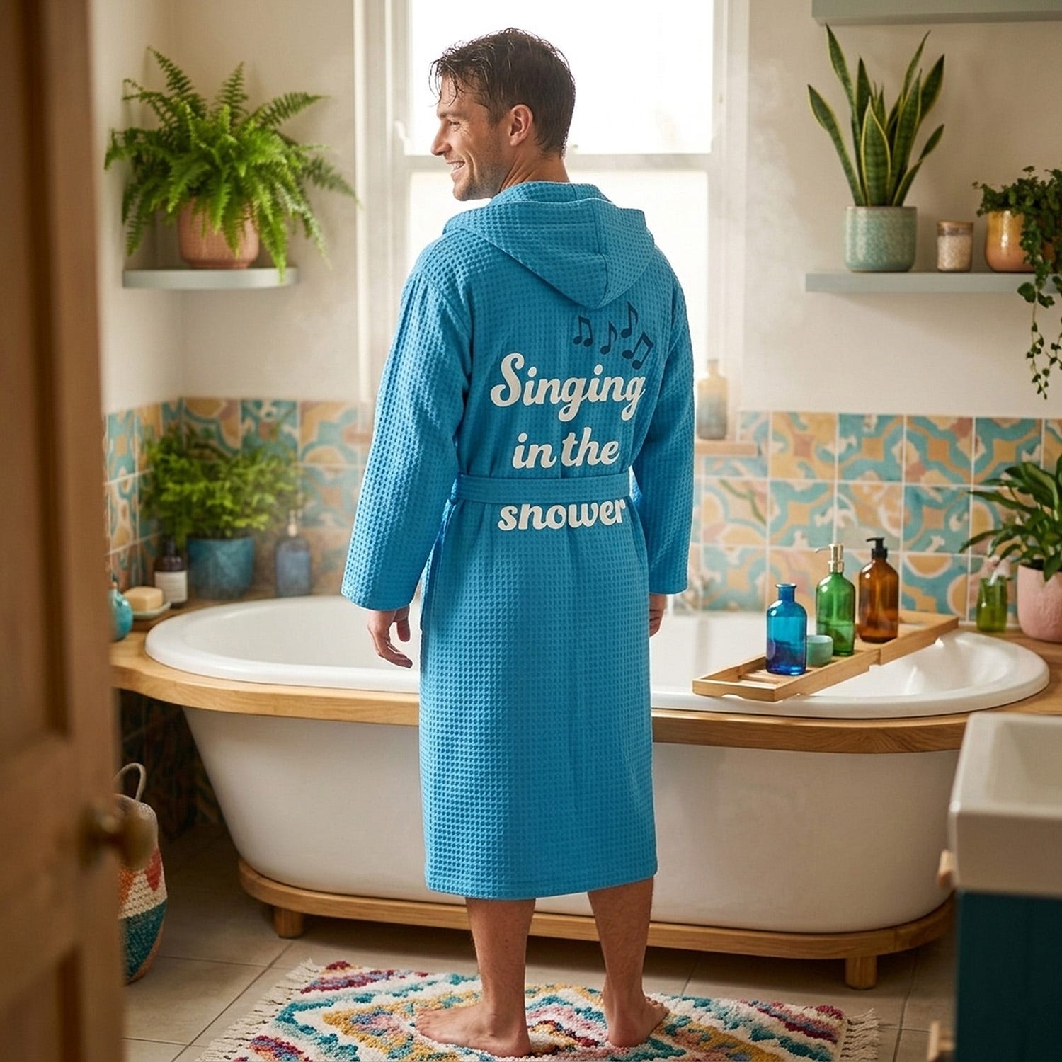 Accappatoio nido d'ape S/M azzurro Singing in the shower