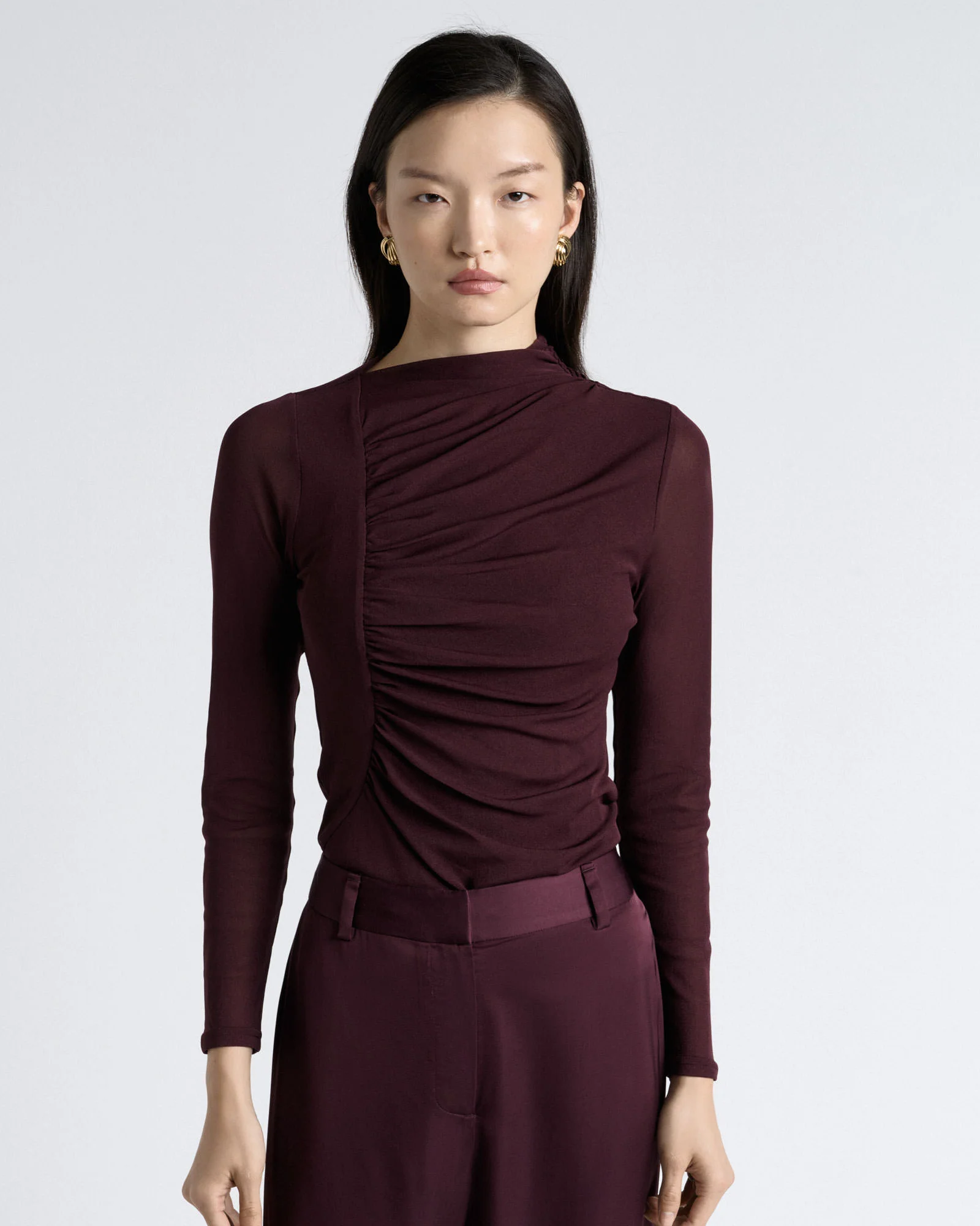 Ruched Mesh Long Sleeve Top