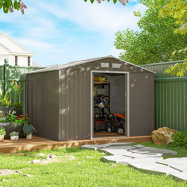 Abri de jardin - cabanon double porte coulissante, fondation incluse - 277 x 191 x 192 cm - tôle d'acier ondulée effet bois